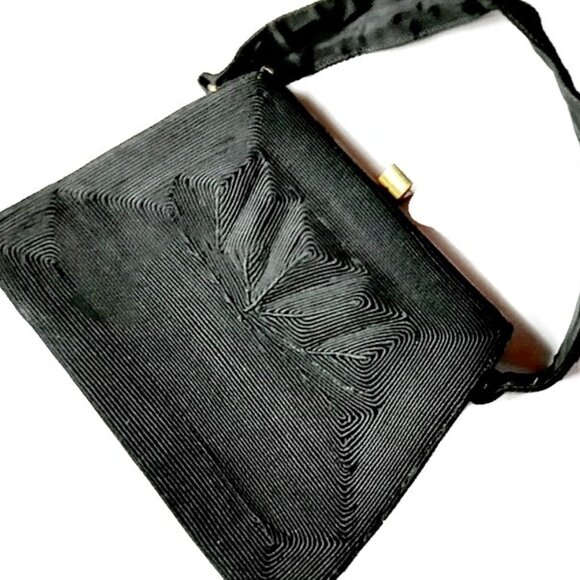 Corde' Vintage Handbags - 1940s Vintage Black Corde' Box Handbag  With A Top Handle And A Front Design
